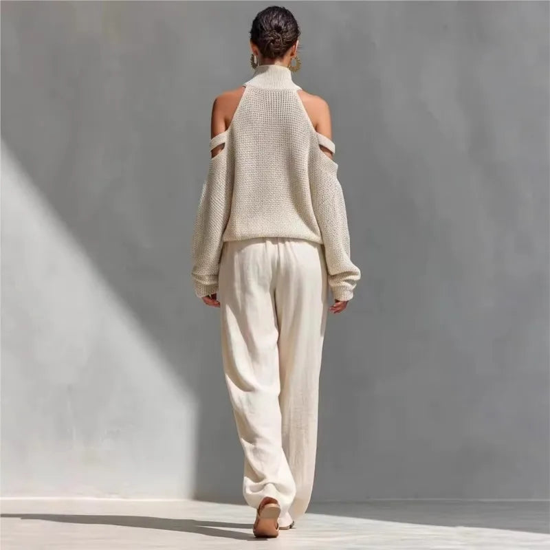 Women's Two-piece Long-sleeved Turtleneck Off-shoulder Top Wide-leg Trousers 2026 Spring Summer Fashion Casual Solid Color Suit