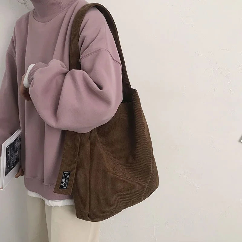 Large Corduroy Shoulder Shopper Bag Women Cotton Cloth Fashion Canvas Tote Shopping Bags Woman Handbags Reusable Travel Bags