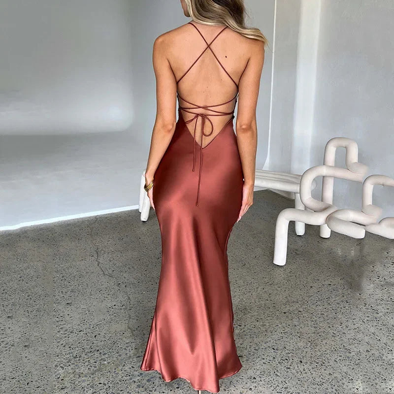 Strap Satin Dresses Women Elegant Backless Lace Up
