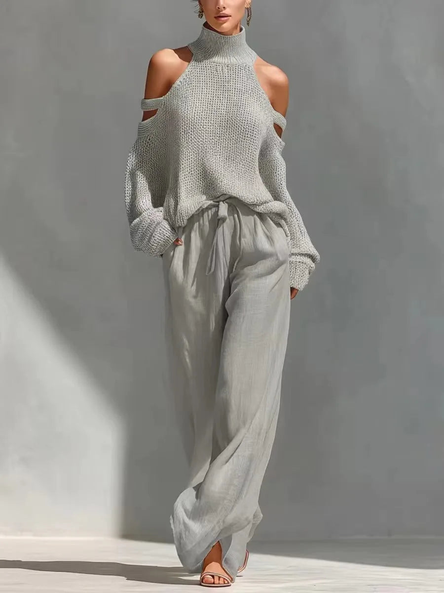 Women's Two-piece Long-sleeved Turtleneck Off-shoulder Top Wide-leg Trousers 2026 Spring Summer Fashion Casual Solid Color Suit