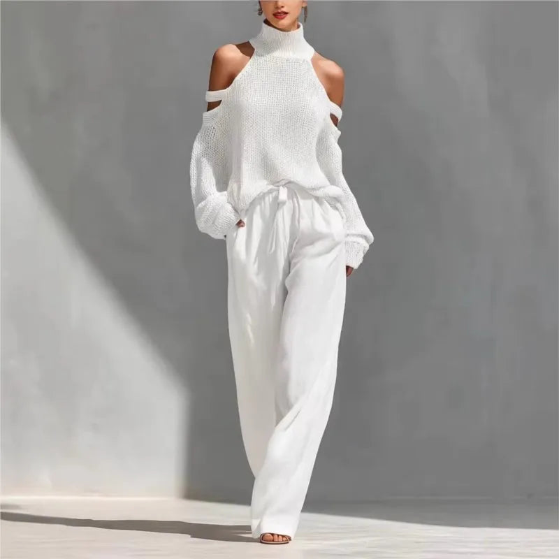 Women's Two-piece Long-sleeved Turtleneck Off-shoulder Top Wide-leg Trousers 2026 Spring Summer Fashion Casual Solid Color Suit
