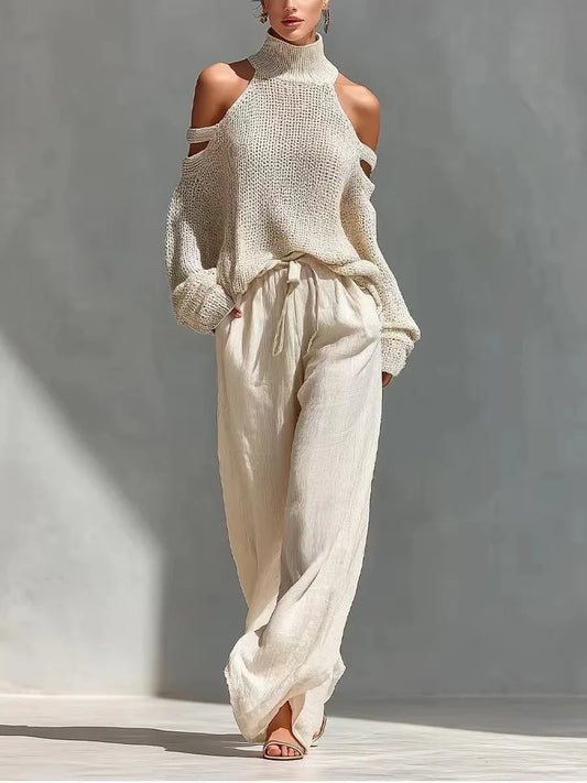 Women's Two-piece Long-sleeved Turtleneck Off-shoulder Top Wide-leg Trousers 2026 Spring Summer Fashion Casual Solid Color Suit