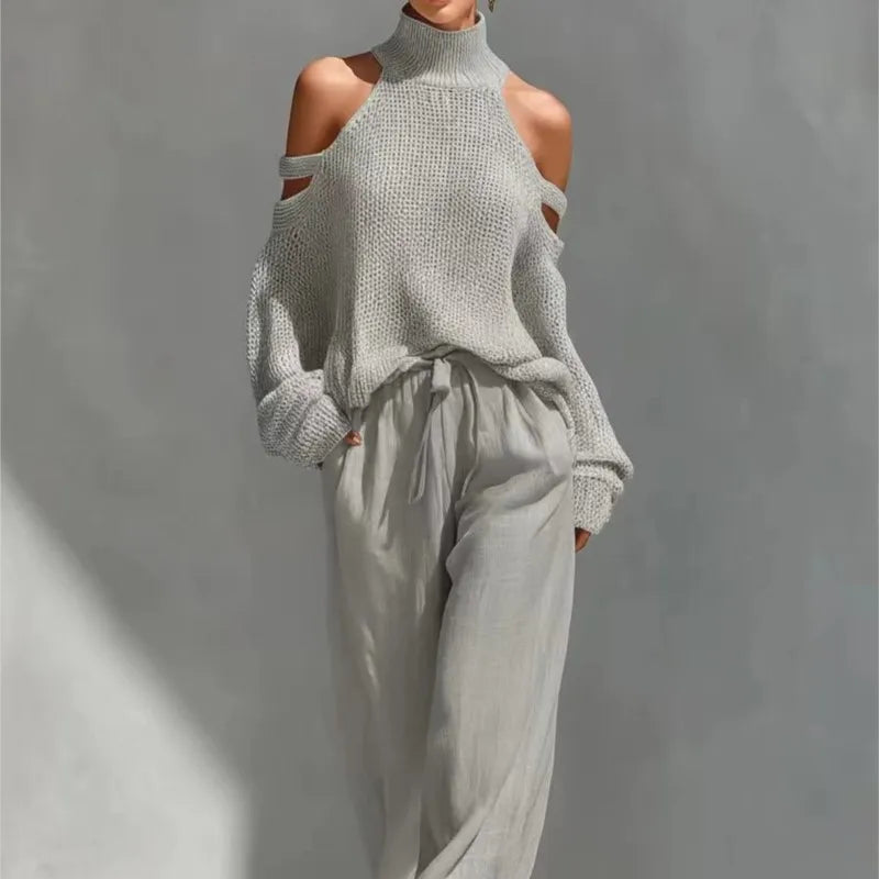 Women's Two-piece Long-sleeved Turtleneck Off-shoulder Top Wide-leg Trousers 2026 Spring Summer Fashion Casual Solid Color Suit