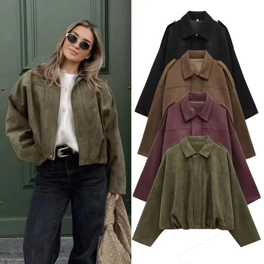 Bomber Jackets Women Long Lantern Sleeve Oversized Jacket