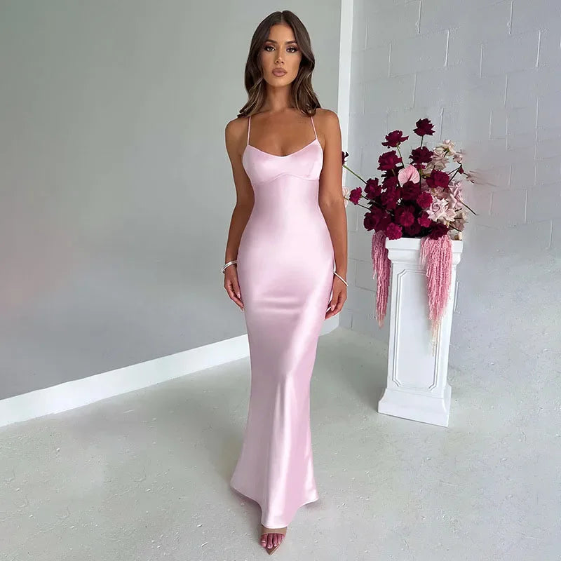Strap Satin Dresses Women Elegant Backless Lace Up