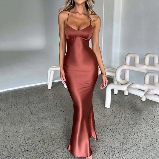 Strap Satin Dresses Women Elegant Backless Lace Up